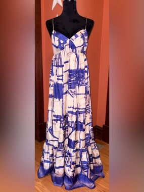 Blue and White Abstract Print Maxi Skirt